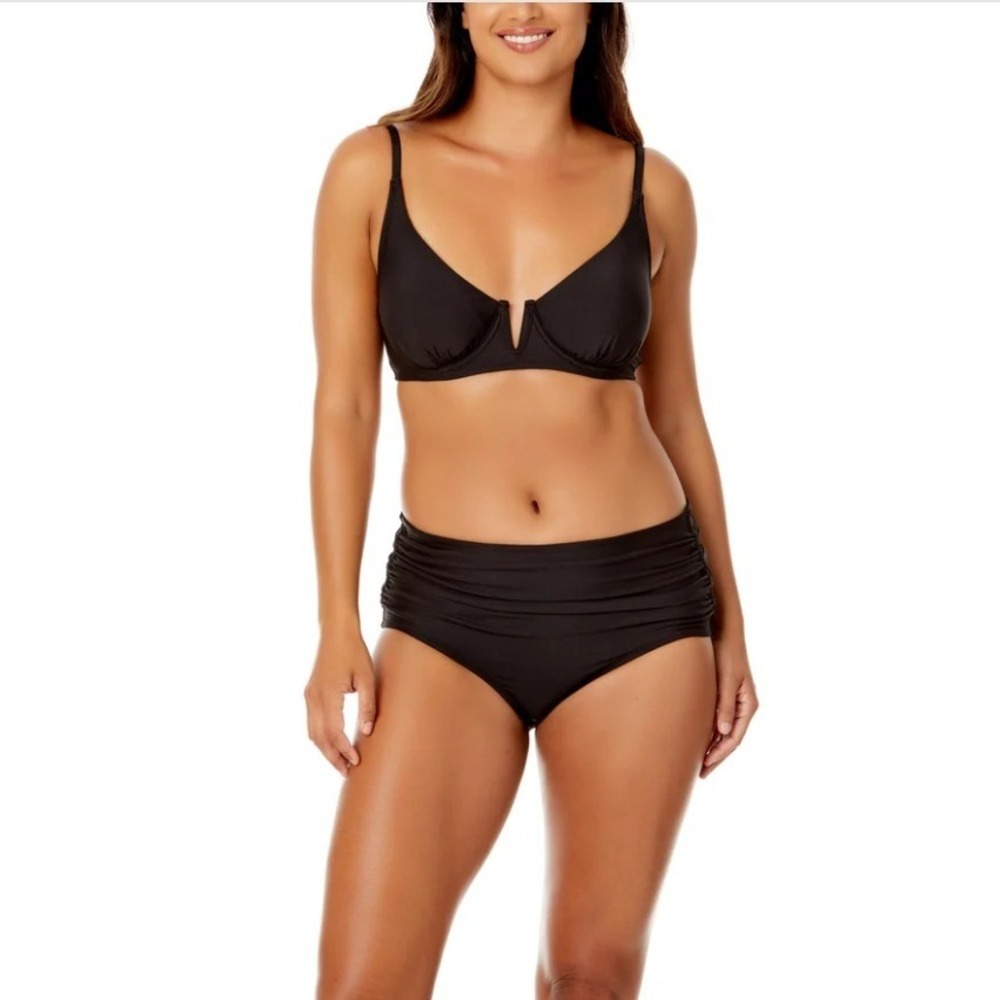 Anne Cole V Wire Elongated 2 Piece Bikini Set Black XXL Foldover Bottom Classic